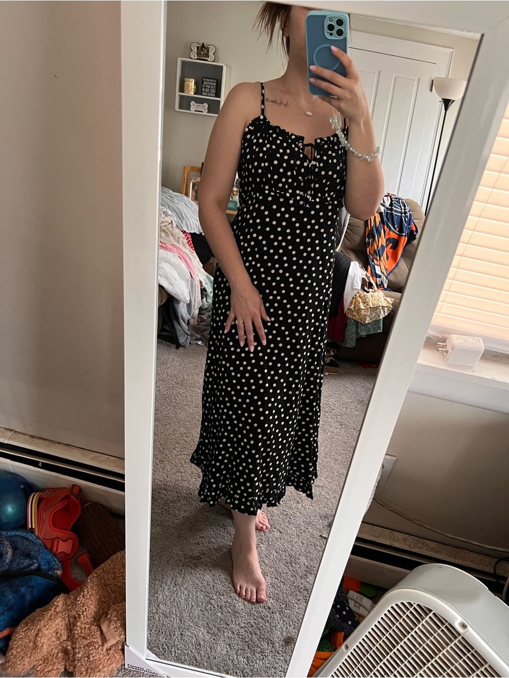 American Eagle Outfitters Black and White Polka Dot Midi Slip Dress